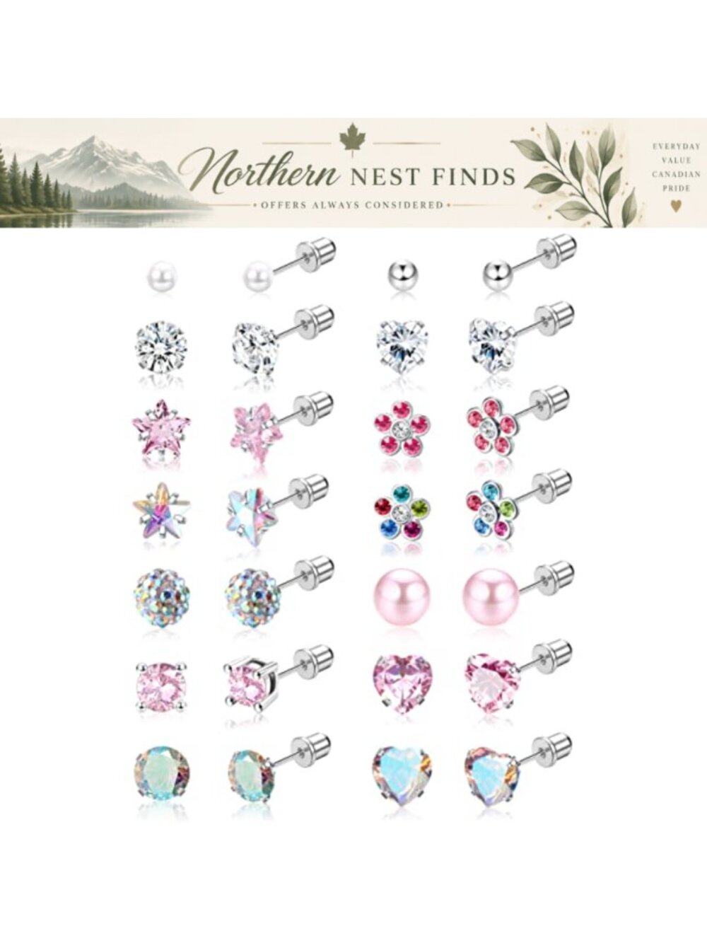 14 Pairs Hypoallergenic Screw Back Stud Earrings 316L Stainless Steel
